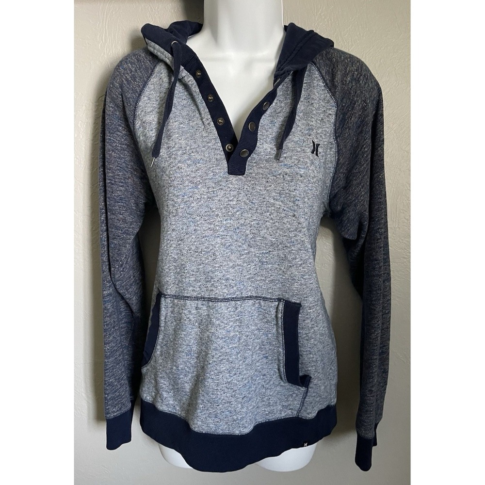 Hurley Hooded Sweater Women's Size‎ Small Blue Pullover Sweater 1/4 Snap Button